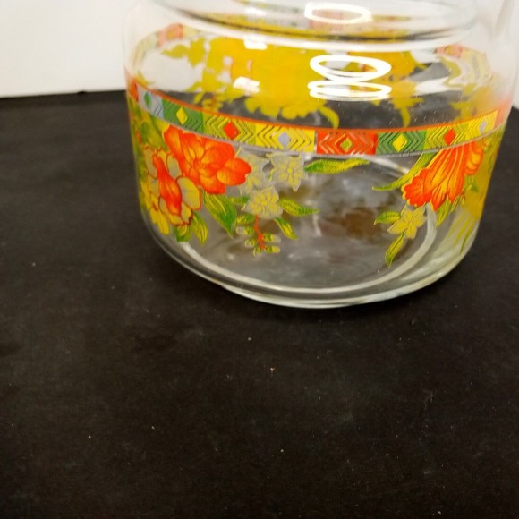 Vintage Clear Round‎ orange yellow Floral Container w/  Lid 4" wide 6" tall - Picture 14 of 15